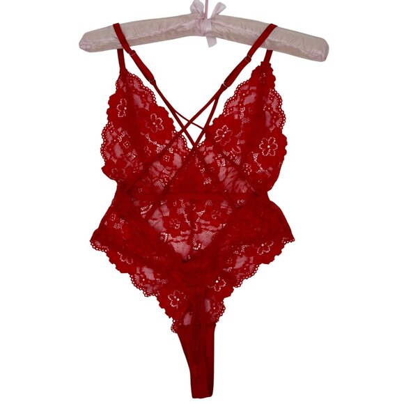 Red Lace V-Neck Strappy Back Thong Croquette Devilcore Bodysuit Lingerie - Picture 4 of 12